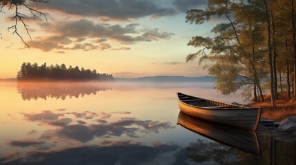 A peaceful sunset scene on a calm lake with reflections and a rowing boat