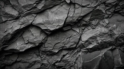 Textured black stone background created by a dark grey, rugged mountain surface with prominent cracks. Designers have plenty of space for creativity.
