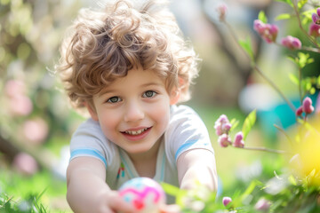 little child found easter eggs in the garden at sunny day