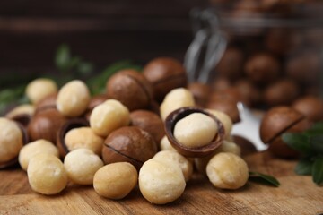 Tasty organic Macadamia nuts on wooden board, closeup