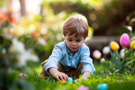 little child wearing blue shirt and hunting for easter eggs in garden