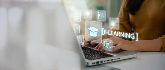 E-learning, Online education, internet studying. Business, Training Webinar E-learning Skills Business Internet Technology Concept. technology and personal development concept on virtual screen.