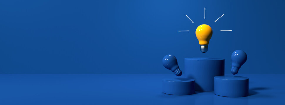 Idea light bulbs on the podiums - 3D render