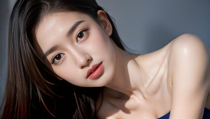 Beauty portrait of a beautiful young woman with glowing skin. Beautiful real face, beauty image.
