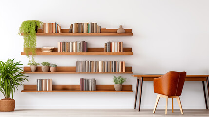 Reading room with  bookshelf and empty wooden table, chair, colorful books on wooden shelf books