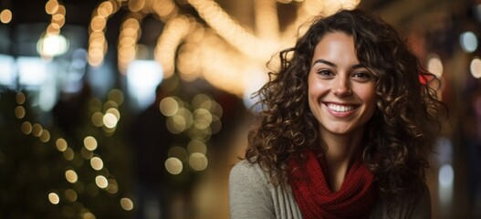 Smiling woman with festive lights in background. Seasonal celebration and joy.