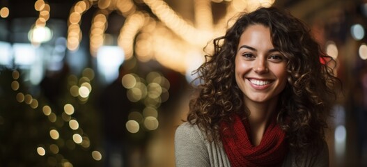 Fototapeta premium Smiling woman with festive lights in background. Seasonal celebration and joy.