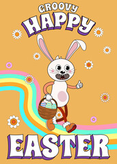 Obraz na płótnie Canvas Vintage Happy Easter poster Trendy Easter Groovy 1970 style with bunny, flowers, egg, rainbow