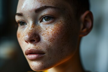 Close-up portrait of a Caucasian girl with freckles, beautiful brown-haired - obrazy, fototapety, plakaty