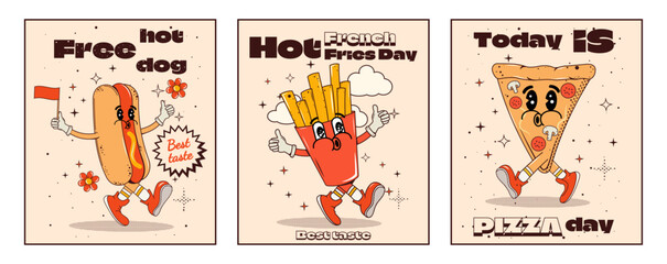 Set of food posters in retro style. Groovy hot dog, fries, pizza walk. Poster for display and printing. Vector stock illustration. Psychedelic style. Y2k. Hippie. Fast food mascot. Street food. 