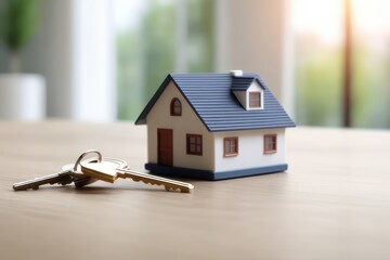 The key with mini house model on the table, New home, Real estate concept.
