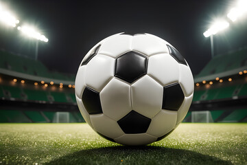 Fototapeta premium soccer ball in a stadium with lights a classic black and white soccer ball on green grass