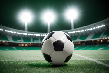 Fototapeta premium soccer ball in a stadium with lights a classic black and white soccer ball on green grass