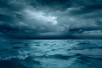 Fototapeta premium Generative Ai image of a horror black blue sky, sea haunted cloud, scary ocean, depression background, mystery gloomy dark theme, blur texture.