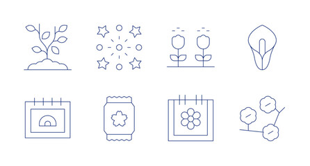 Spring icons. Editable stroke. Containing sprout, firework, calendar, seeds, pollination, calla lily, cherry blossom.