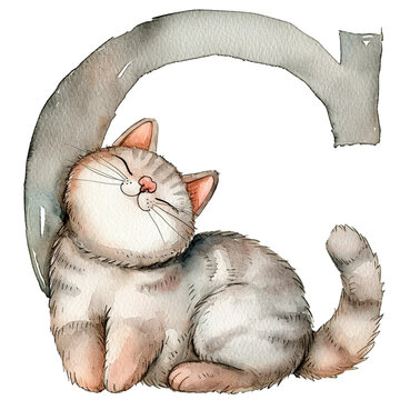Watercolor Animal alphabet letters. Cute baby animal letter C with cat. AI generative.