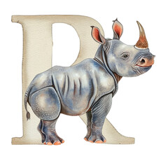Fototapeta premium Watercolor Animal alphabet letters. Cute baby animal letter R with rhino. AI generative.