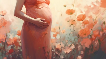 Pregnant woman holds her belly in dreamlike enchanting flower garden exudes joy of motherhood, radiating tenderness and femininity, profound connection between mother and her unborn child