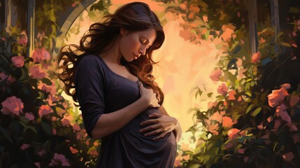 Obraz na płótnie Canvas Pregnant woman holds her belly surrounded dreamlike flowers arch exudes joy of motherhood, radiating tenderness and femininity, profound connection between mother and her unborn child