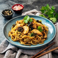 Asian Noodles with Chicken and Black Mushrooms, Coriander
