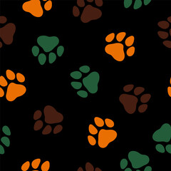 Seamless pattern with colorful paws and black background