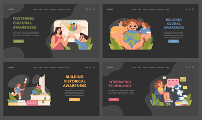 Cultural awareness set. Children embracing global and historical knowledge, enhancing their understanding and connection with the world. Parents teaching kids about cultures. Flat vector illustration