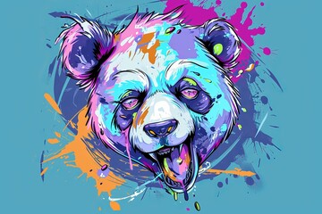 An evil cartoon panda bear with colorful paint splashed on it