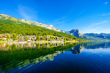 View of the Grundlsee and the surrounding landscape. Idyllic nature by the lake in Styria in...