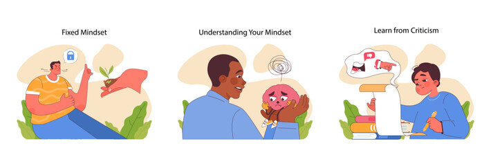 Mindset evolution set. Overcoming fixed mindset for personal growth. Exploring thinking patterns and beliefs. Embracing change, understanding oneself, learning from feedback. Flat vector illustration