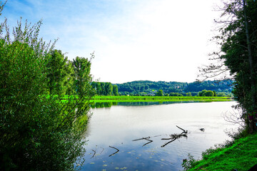 View of the Harkortsee and the surrounding landscape. Nature by the lake on the Ruhr. Lake in the...