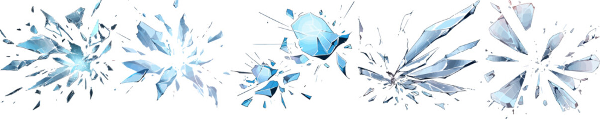 Broken glass vector shatter explosion fragments on white background.