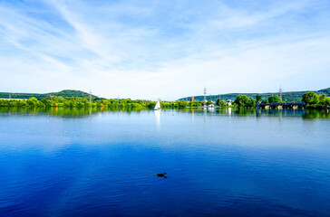 View of the Harkortsee and the surrounding landscape. Nature by the lake on the Ruhr. Lake in the...