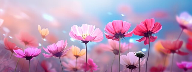 Beautiful cosmos colorful flowers blooming in field. Summer flower meadow. Spring nature. Floral background, banner, card, backdrop