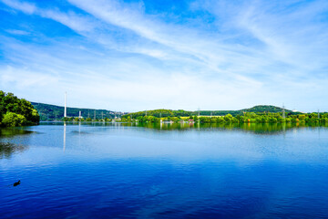 View of the Harkortsee and the surrounding landscape. Nature by the lake on the Ruhr. Lake in the...