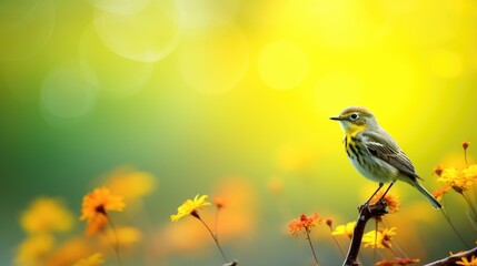 Little bird sit on branch with yellow flowers in spring garden. Beautiful nature. Spring and summer time concept. Background for card, banner, poster - Powered by Adobe
