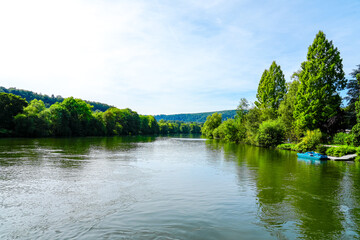 View of the Harkortsee and the surrounding landscape. Nature by the lake on the Ruhr. Lake in the...