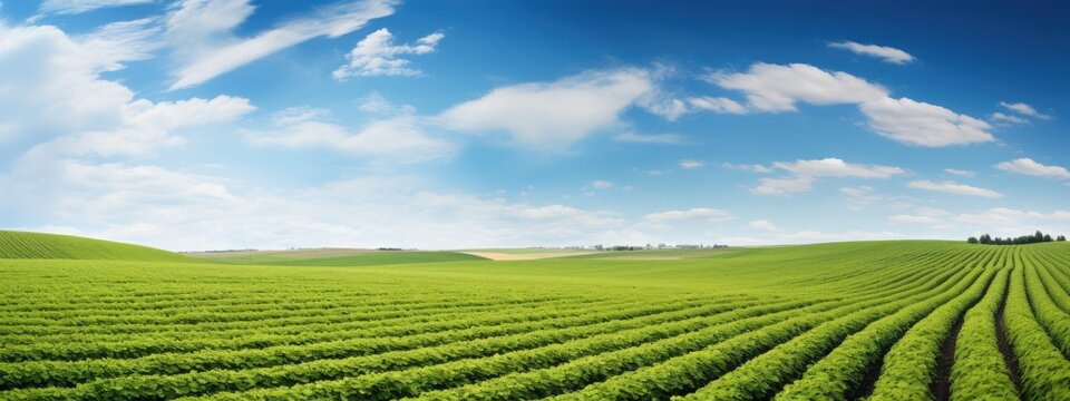 Wonderful springtime landscape with grassy field and rolling hills. Panorama of beautiful countryside. Rural scenery. Farming and agriculture industry concept 