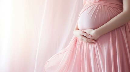 Young beautiful sexy and stylish pregnant woman on a pink background. Banner horizontal.