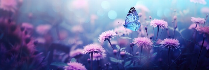 Fluttering blue butterfly and purple wildflowers on the field in sunlight. Floral spring concept...
