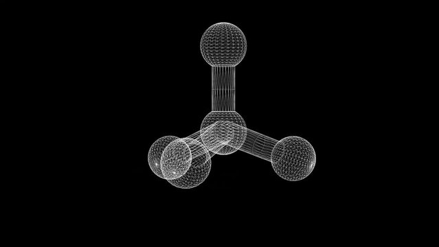 Spinning 3d wireframe tetrahedral bond on plain black background
