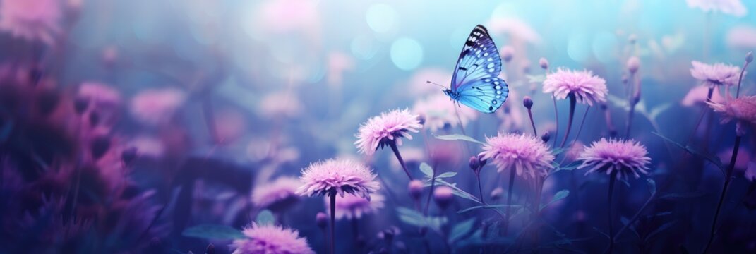 Fluttering blue butterfly and purple wildflowers on the field in sunlight. Floral spring concept for background, banner or greeting card with copy space