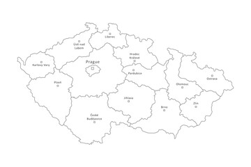 Fototapeta na wymiar Czech Republic outline map with regions border and big cities isolated on white. Administrative division of thin black line contour. Vector for banner background design, czech events illustration.