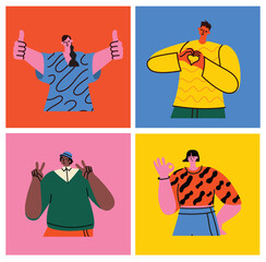 Happy positive people. Man and woman team gesturing with hands, fingers. Love, support, solidarity, ok expressions. Flat graphic vector illustration isolated on white background