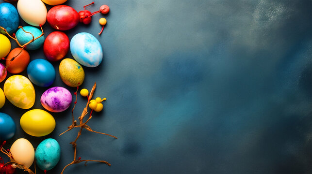 Group of colorful painted Easter eggs with flowers on isolated background - ai generative