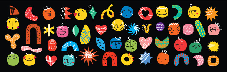 Set of abstract retro geometric doodle shapes and funny faces . Collection of contemporary Vector illustrations and design elements perfect for banner, print, stickers in cartoon 80s-90s style.