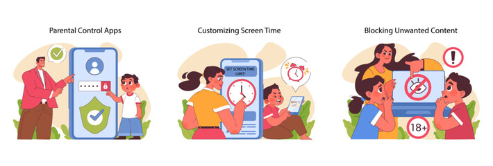 Parental control apps set. Secure child-device interaction, screen time management, and safeguarding against explicit content. Responsible modern digital parenting. Flat vector illustration - obrazy, fototapety, plakaty
