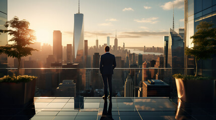 Businessman standing on the top floor of a New York commercial building admiring the city view - obrazy, fototapety, plakaty