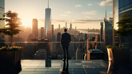 Rolgordijnen Businessman standing on the top floor of a New York commercial building admiring the city view © Elaine