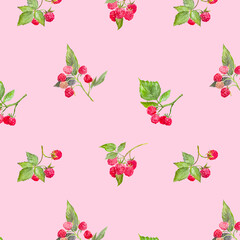 Watercolor raspberry pattern, fabric pattern, berry pink background, watercolor illustration, pink, raspberry branch	
