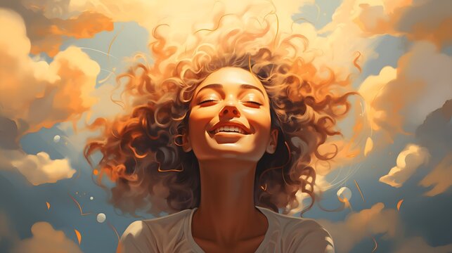 Mental health concept. Happiness, joy, thinking positive, having good thoughts in mind. Woman head in the sunshine